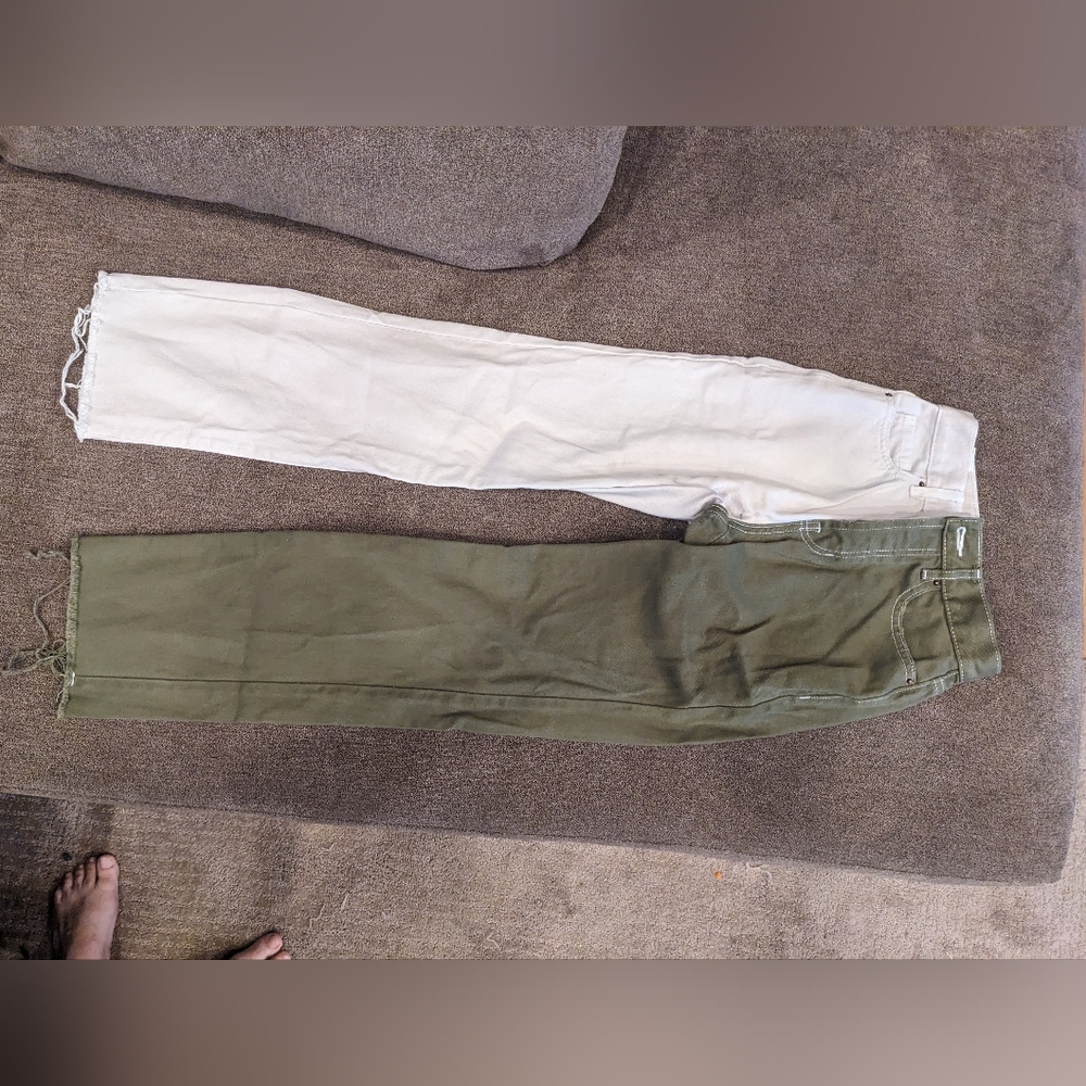 PacSun two tone jeans, green and off-white, waist size 22, button fly
